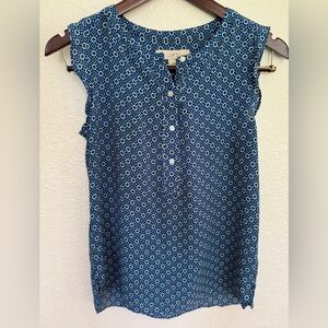 LOFT Blue Flutter Sleeve Blouse with Mandarin Collar